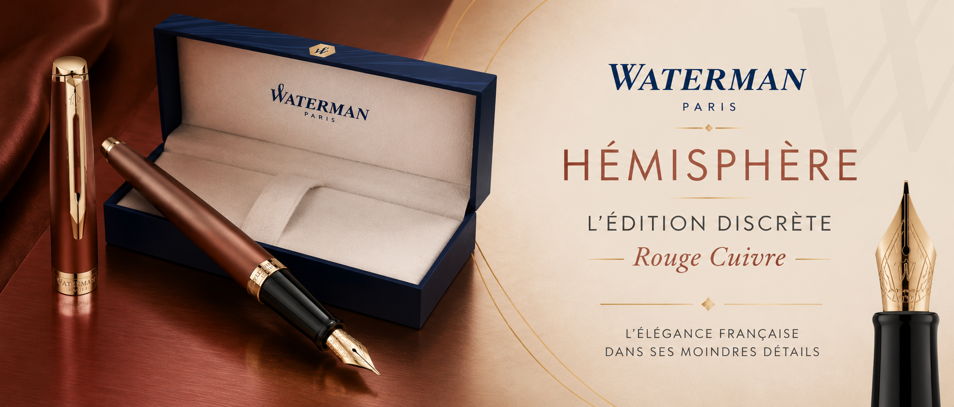 Découvrez le stylo plume Waterman Hémisphère « L’Édition Discrète », habillé d’une élégante laque rouge cuivre métallisée et de finitions dorées.